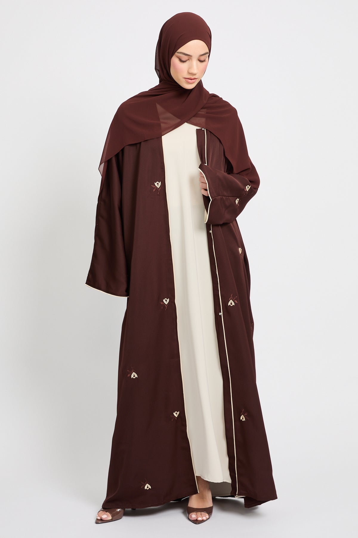 Dark Mocha Floral Embroidered Open Abaya