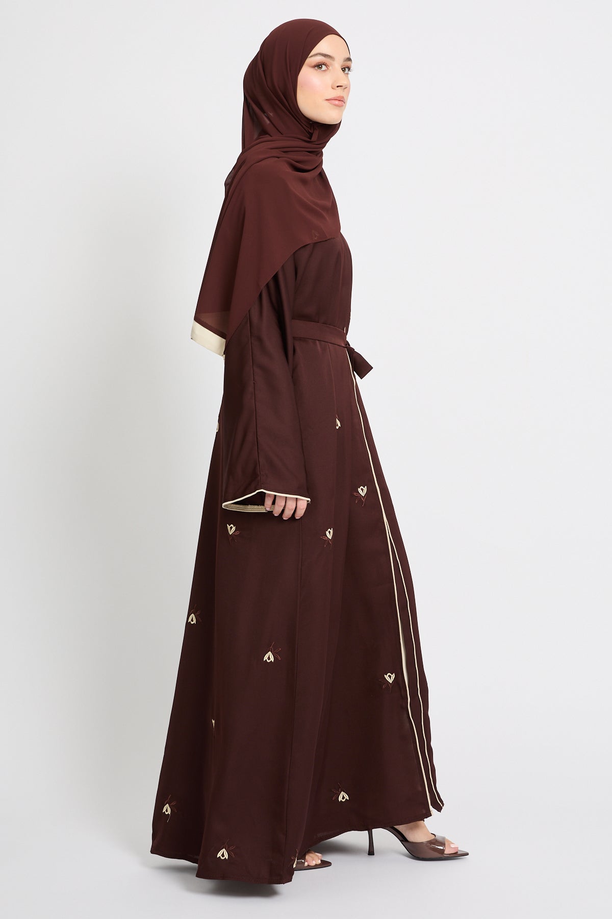 Dark Mocha Floral Embroidered Open Abaya