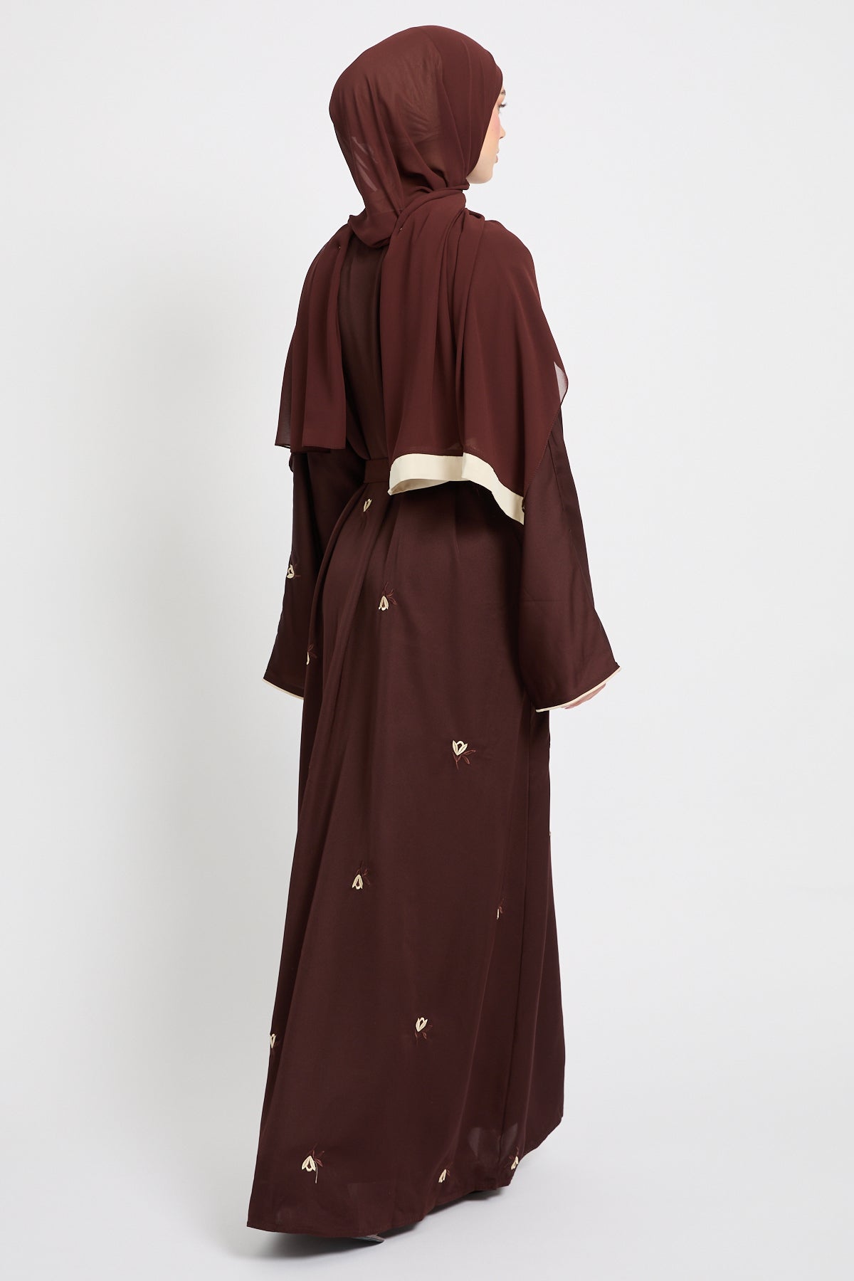 Dark Mocha Floral Embroidered Open Abaya