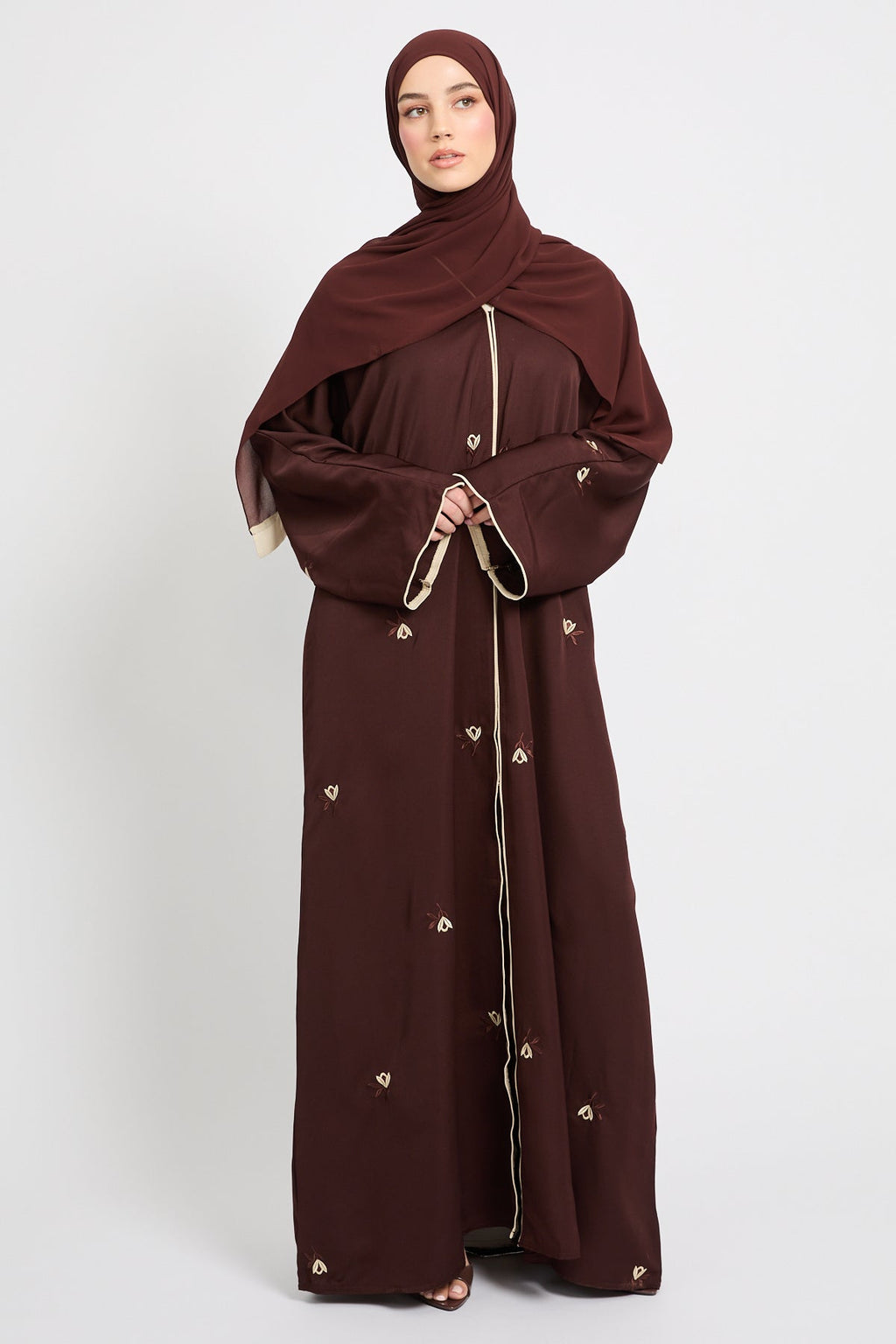 Dark Mocha Floral Embroidered Open Abaya