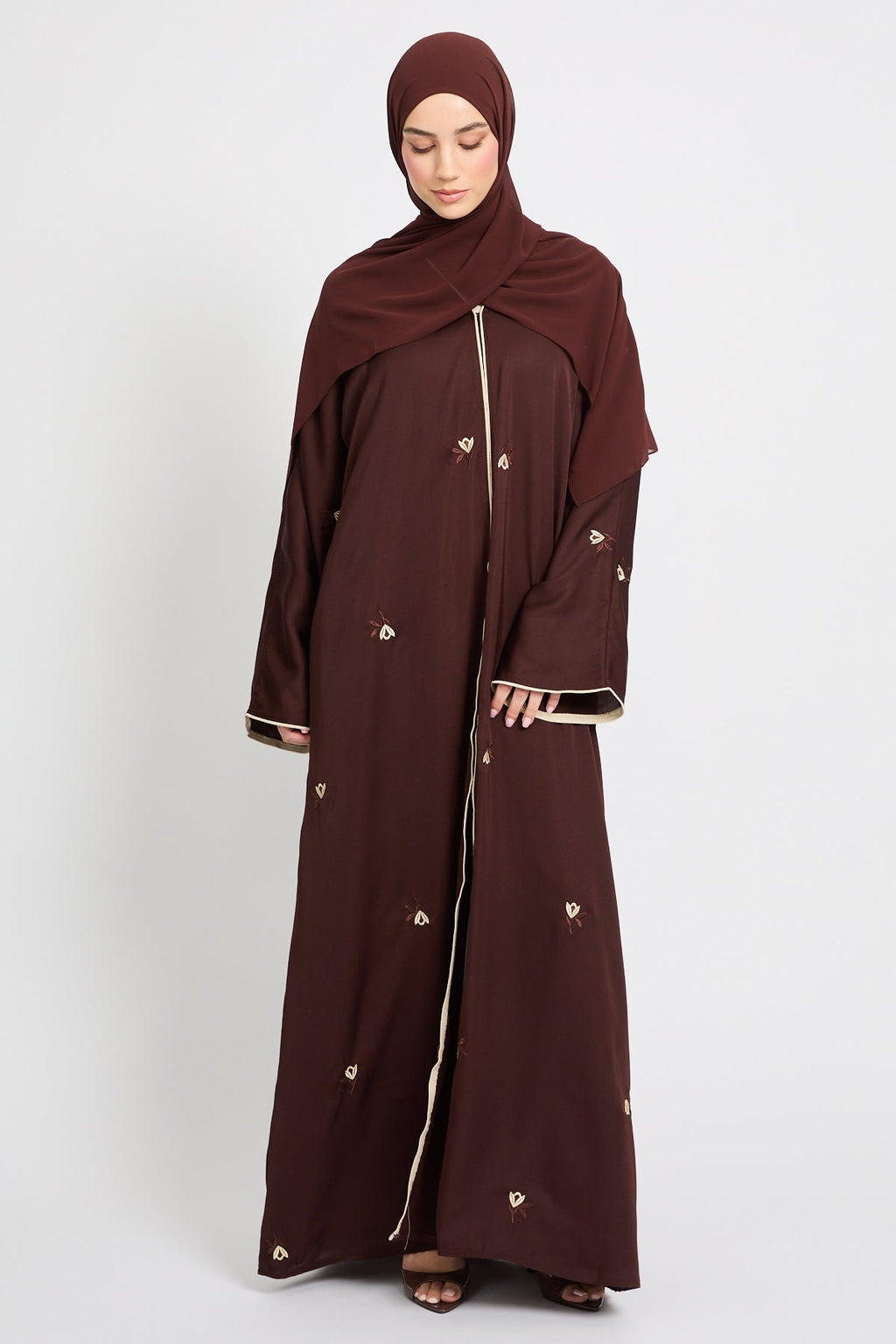Dark Mocha Floral Embroidered Open Abaya