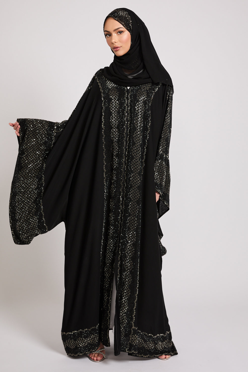 Luxury Dark Noir Embellished Open Abaya