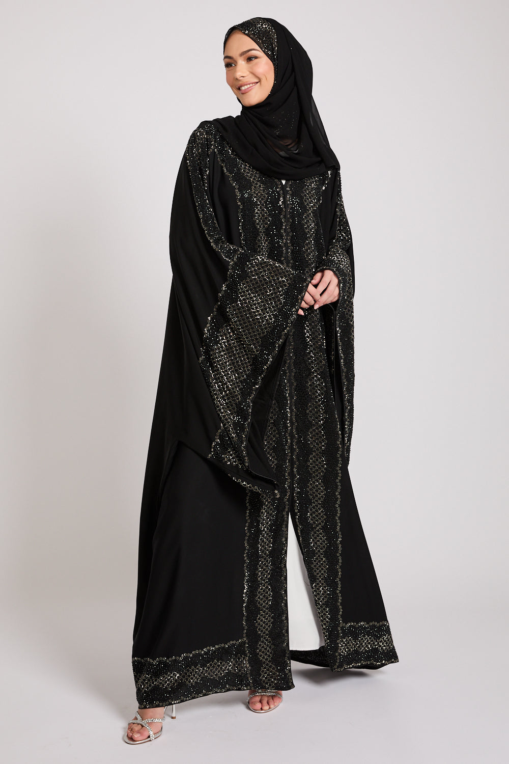 Luxury Dark Noir Embellished Open Abaya