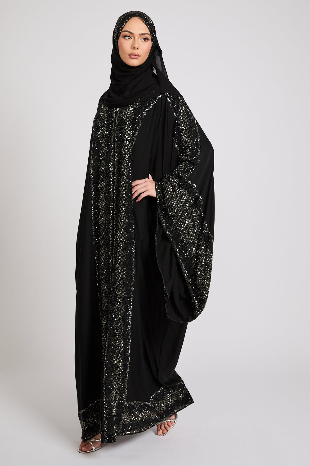 Luxury Dark Noir Embellished Open Abaya