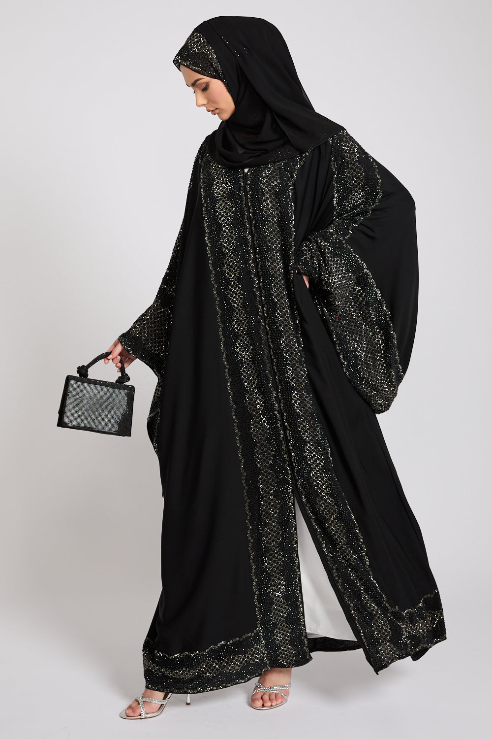 Luxury Dark Noir Embellished Open Abaya