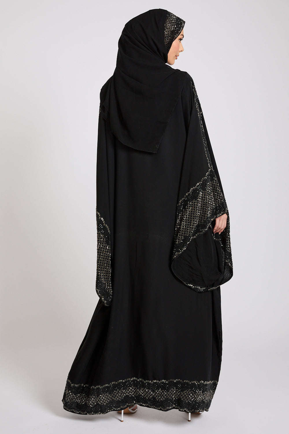 Luxury Dark Noir Embellished Open Abaya