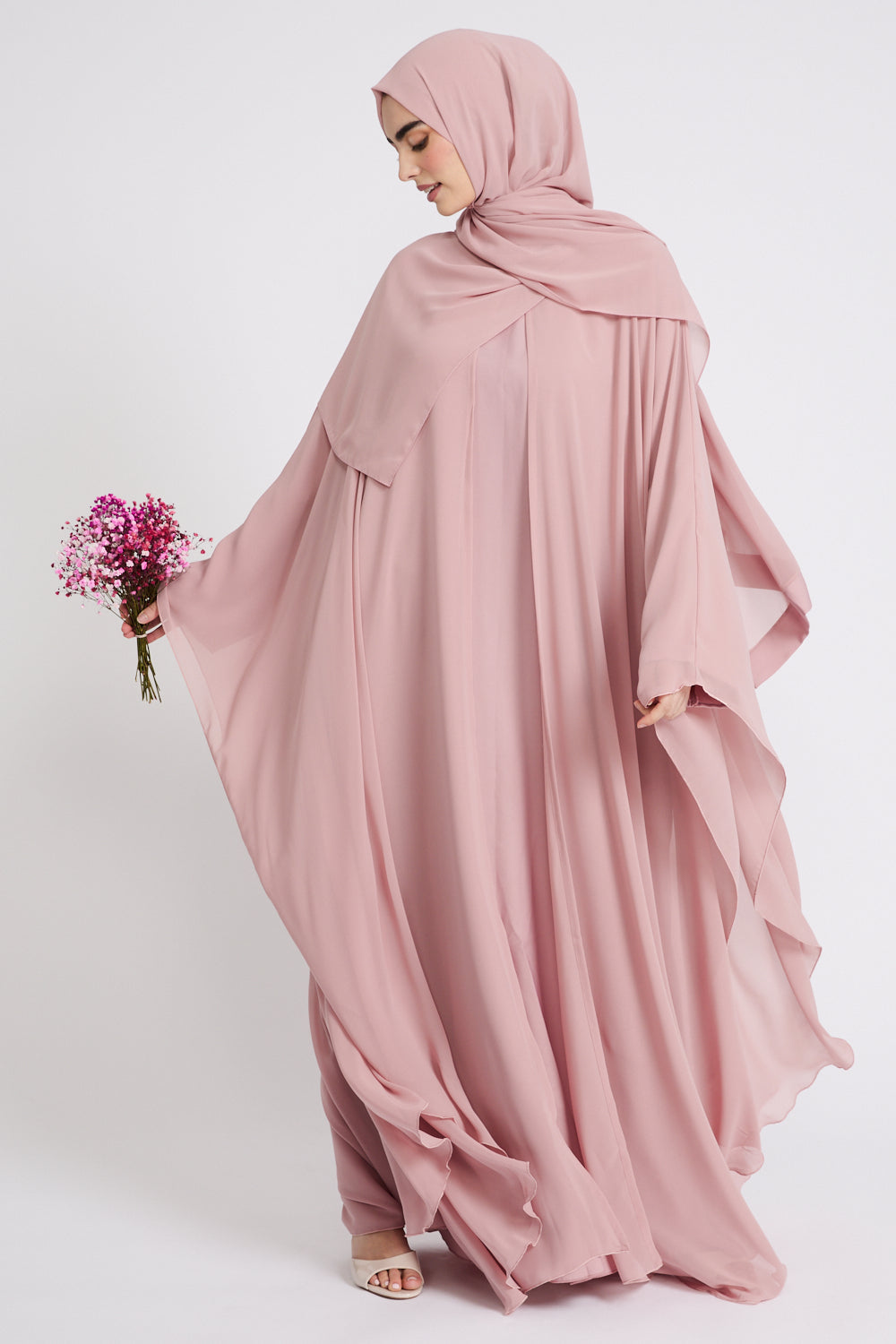 Closed Abaya with Butterfly Cut Chiffon - Baby Pink