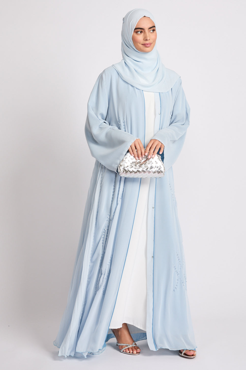 Luxury Crystal Pleated Open Abaya – Sky Blue
