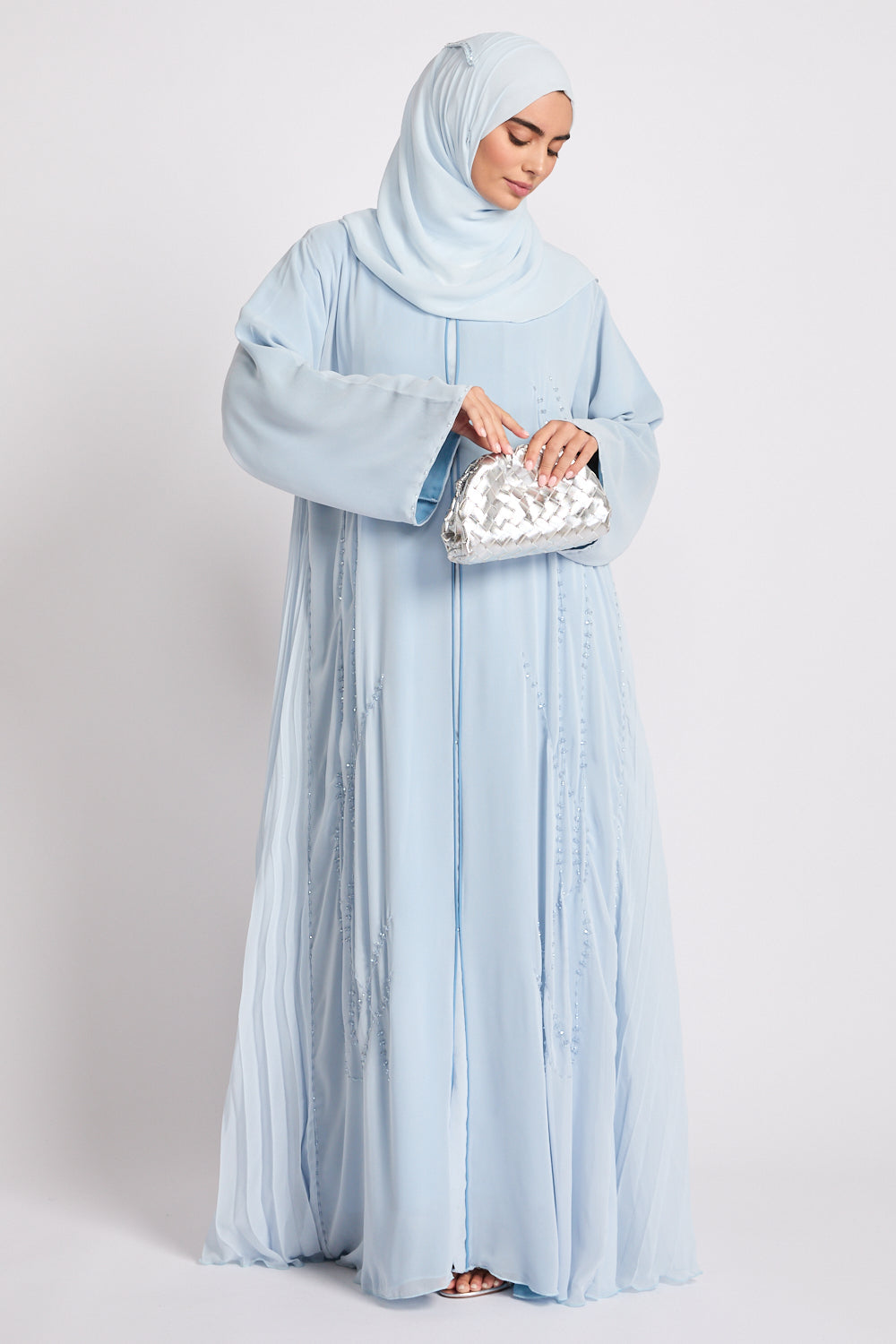 Luxury Crystal Pleated Open Abaya – Sky Blue