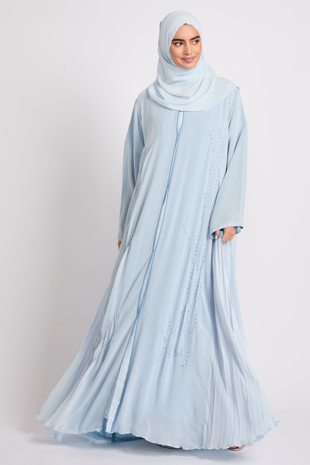 Luxury Crystal Pleated Open Abaya – Sky Blue