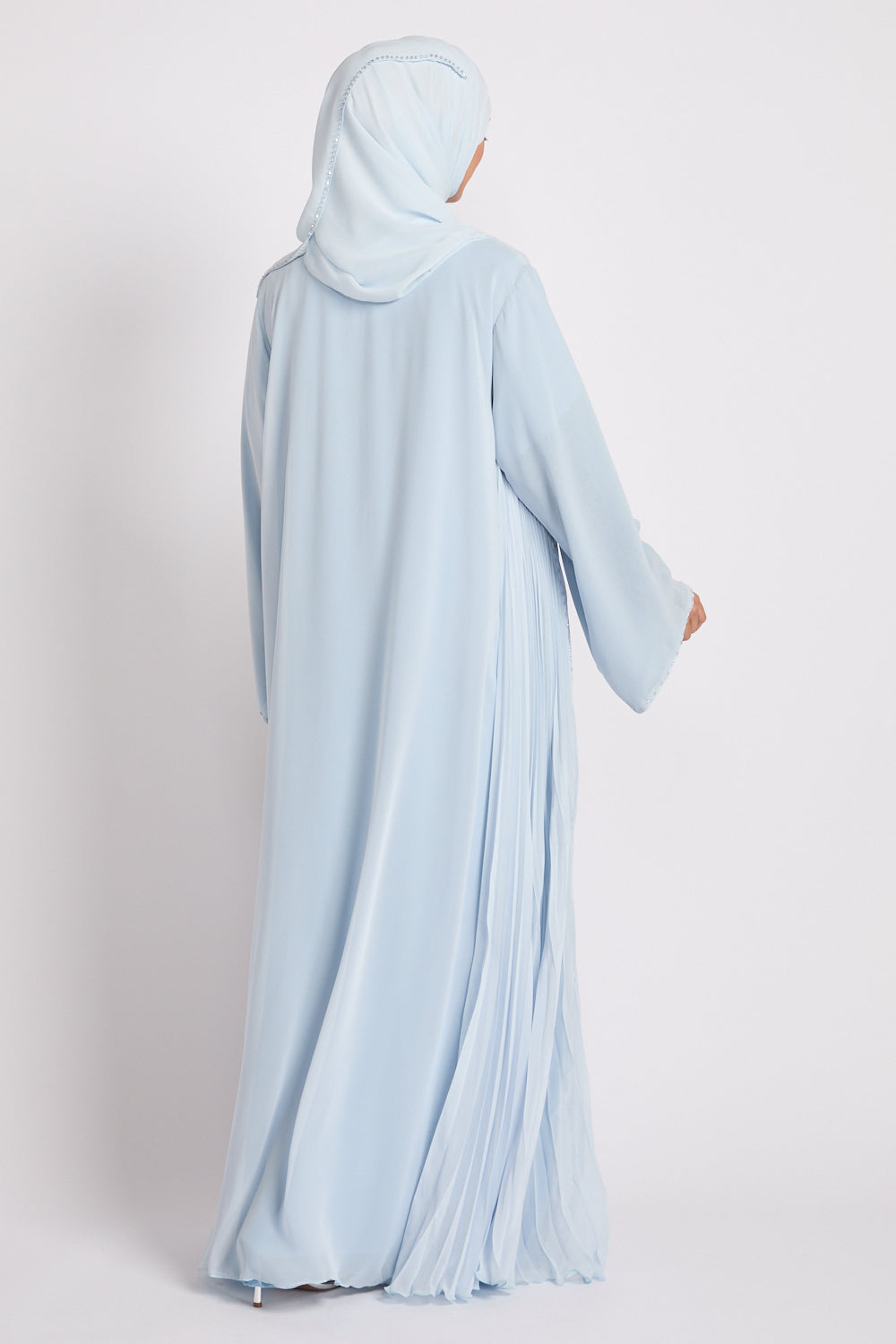Luxury Crystal Pleated Open Abaya – Sky Blue