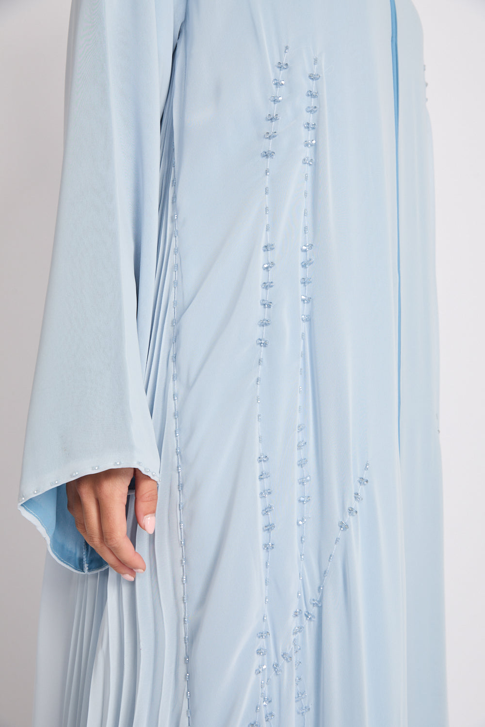 Luxury Crystal Pleated Open Abaya – Sky Blue