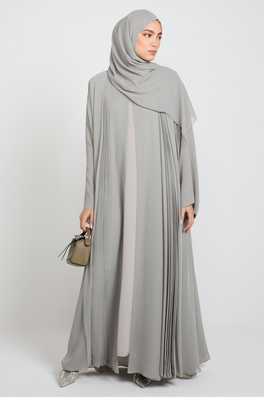 Chiffon Pleated Open Abaya – Smoked Gray