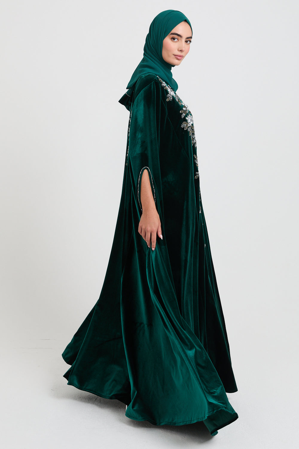 Luxury Emerald Green Embellished Cape with Pearl Details