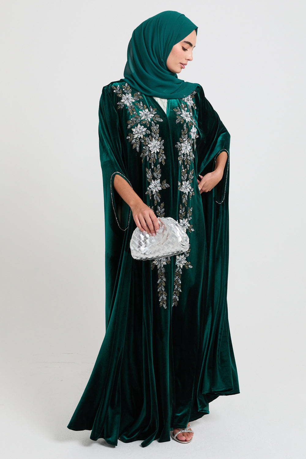 Luxury Emerald Green Embellished Cape with Pearl Details