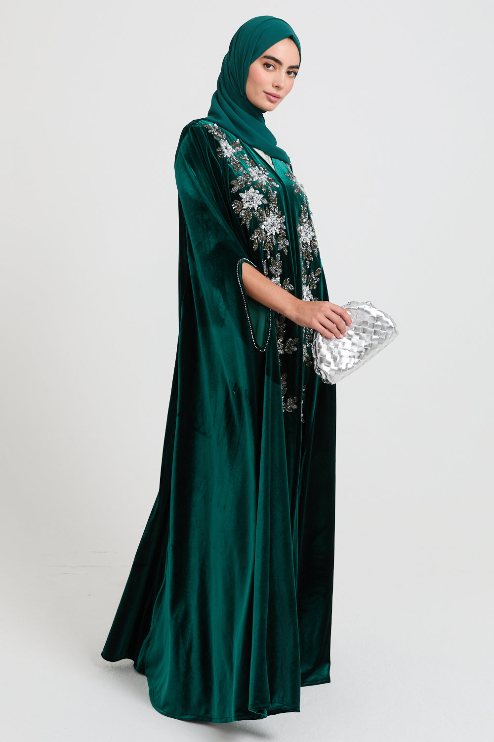 Luxury Emerald Green Embellished Cape with Pearl Details