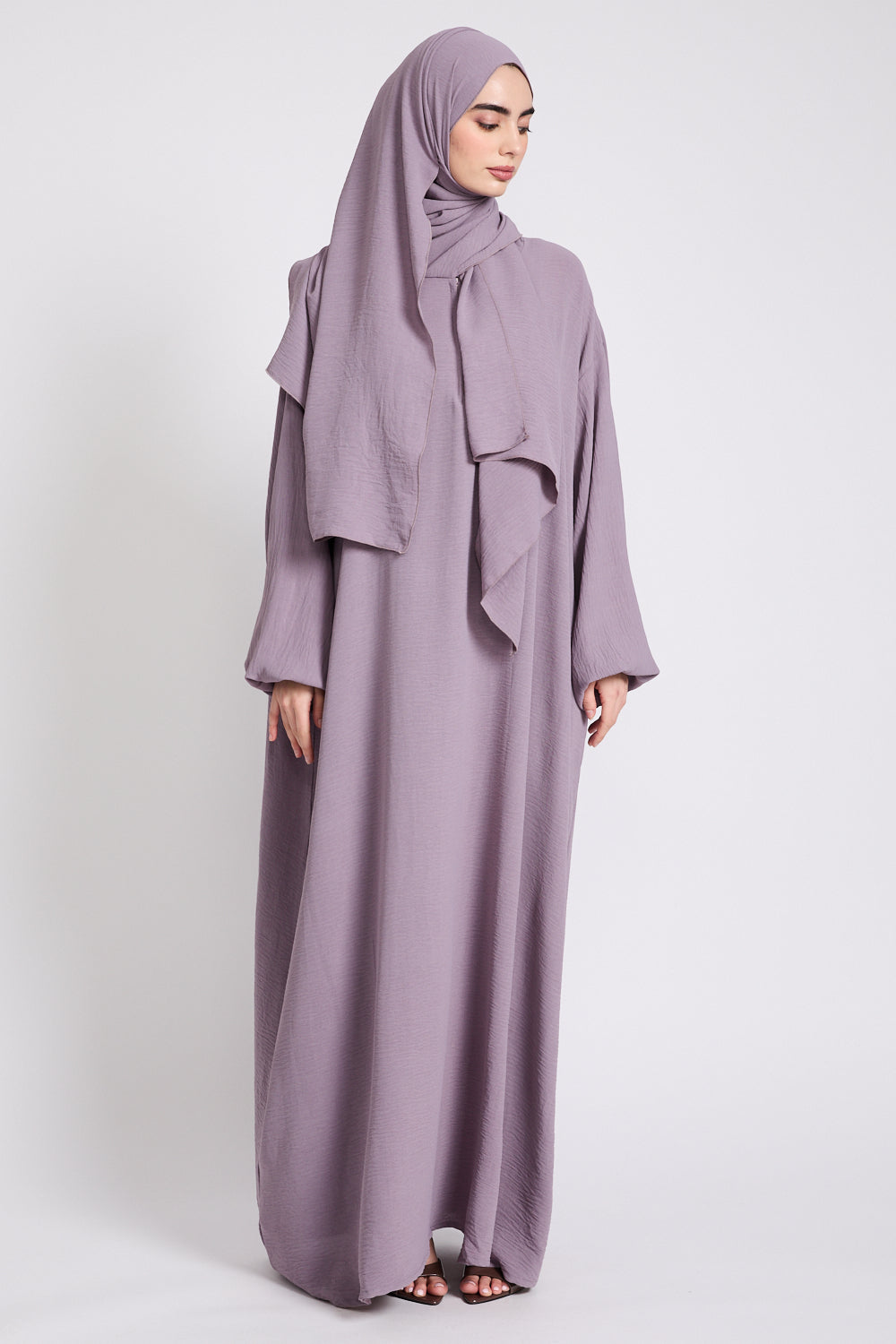 Baby Mauve Front Zip Abaya with Attached Hijab