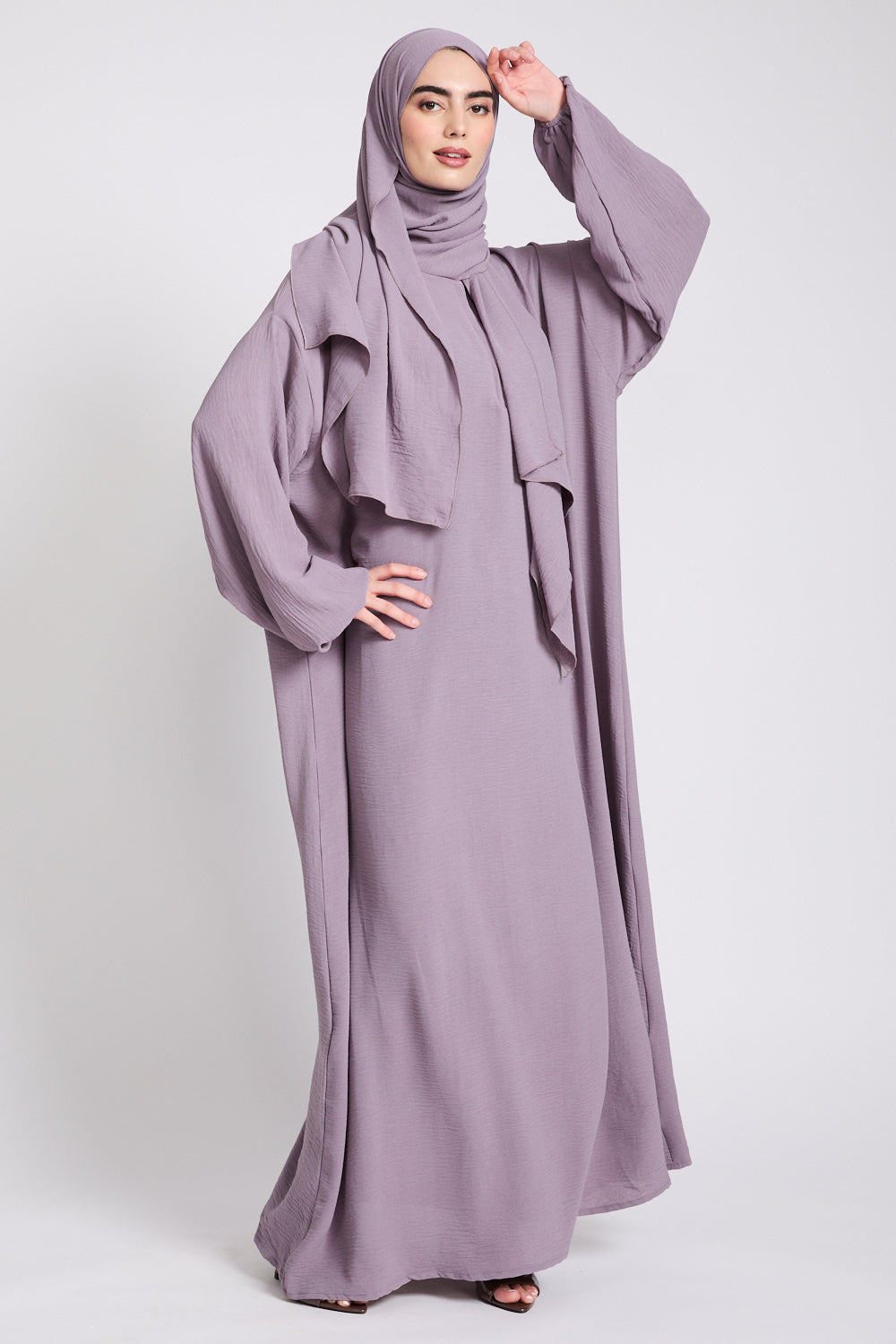 Baby Mauve Front Zip Abaya with Attached Hijab