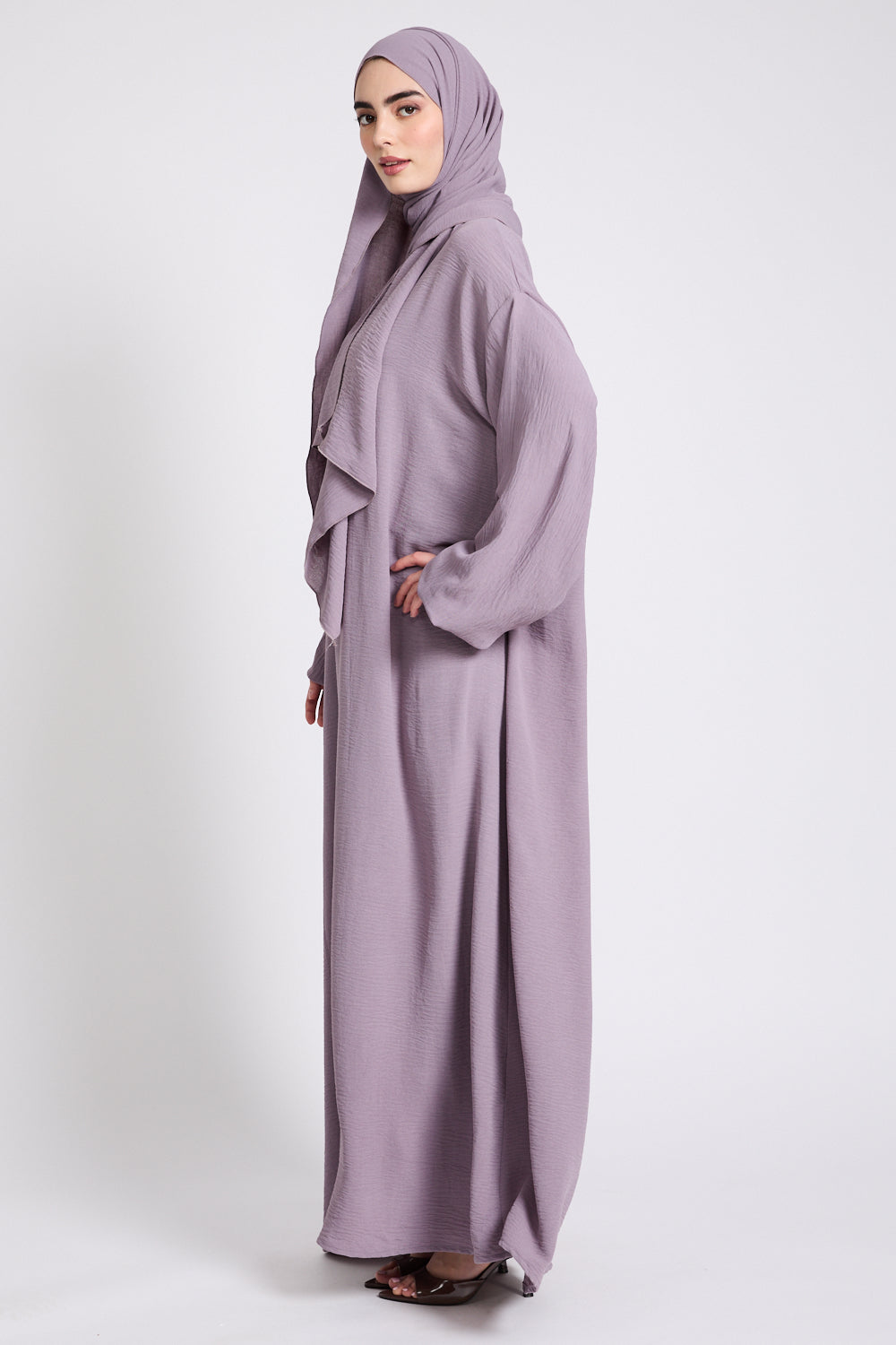 Baby Mauve Front Zip Abaya with Attached Hijab