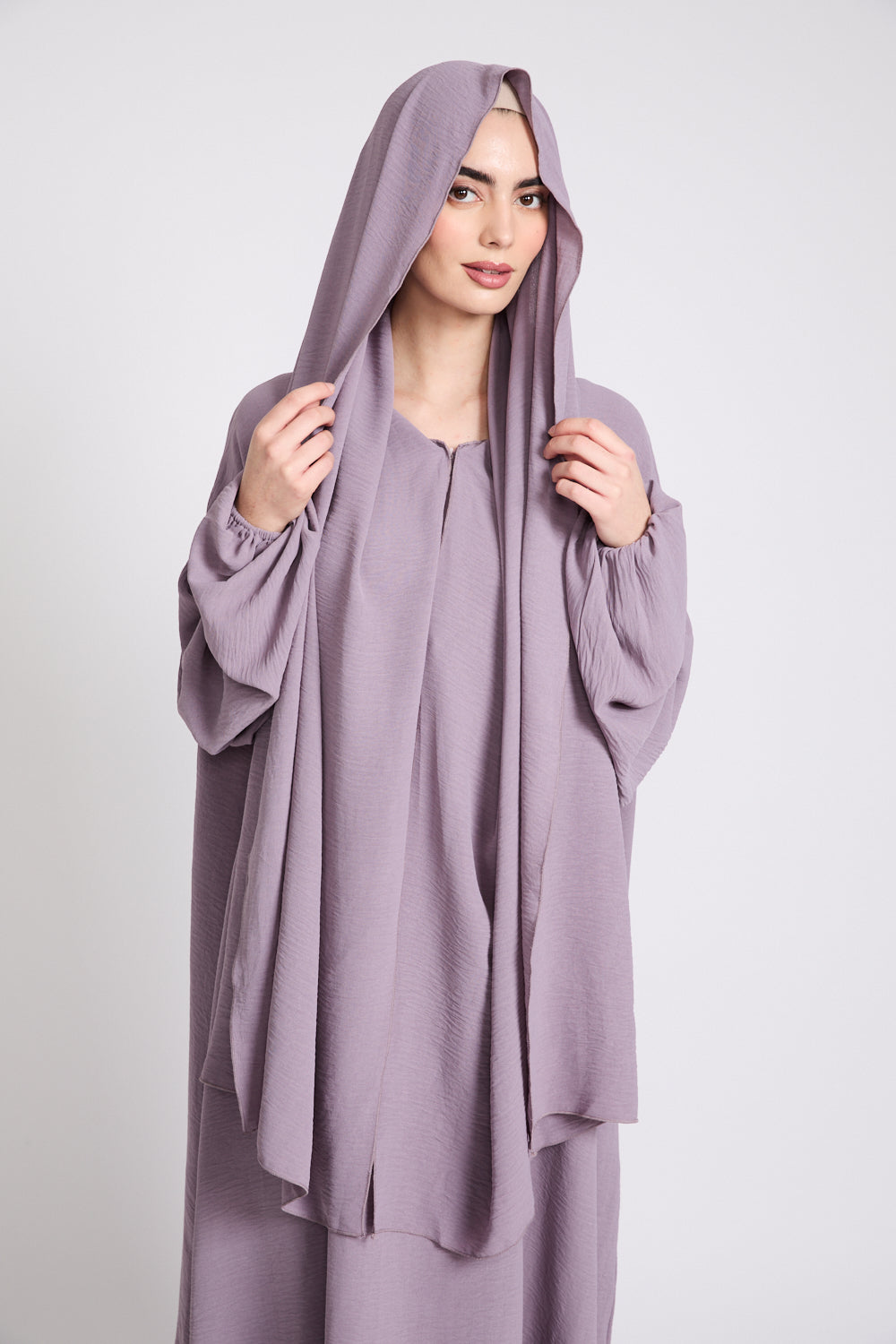 Baby Mauve Front Zip Abaya with Attached Hijab