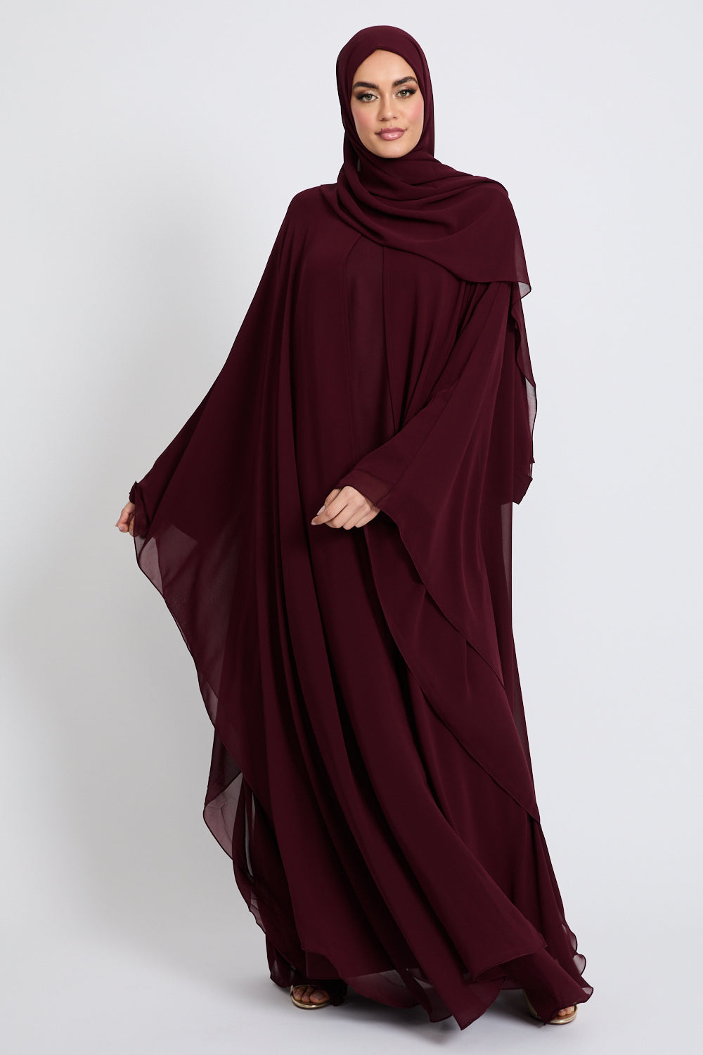 Closed Butterfly Cut Overlay Abaya – Burgundy