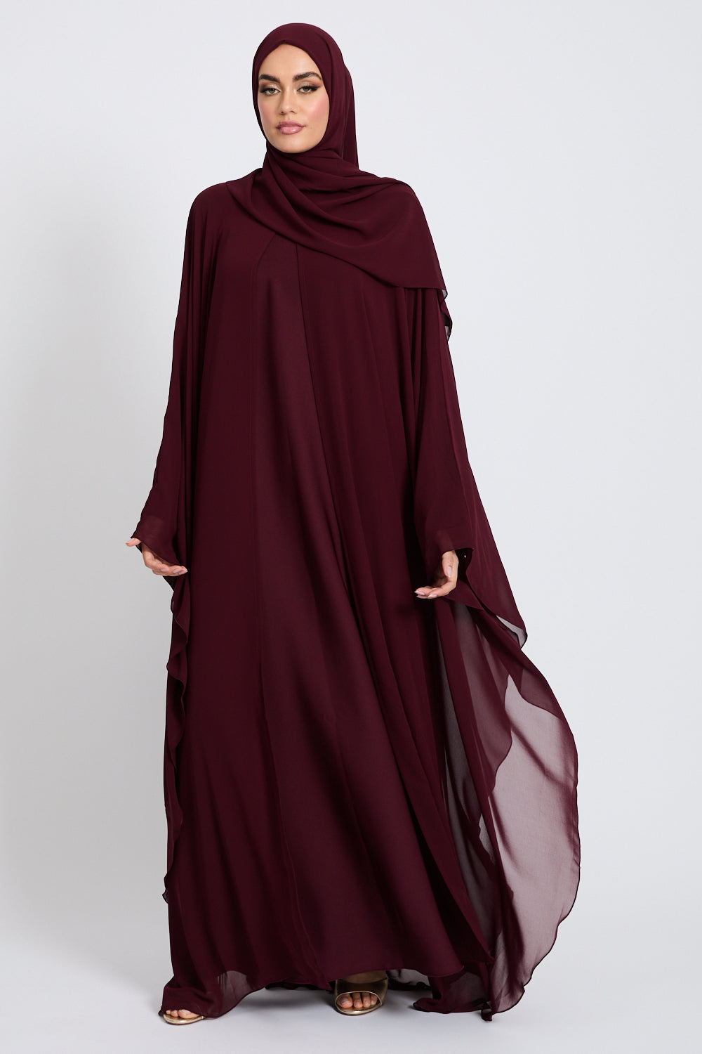 Closed Butterfly Cut Overlay Abaya – Burgundy