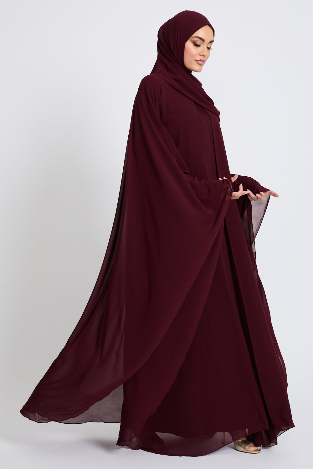 Closed Butterfly Cut Overlay Abaya – Burgundy