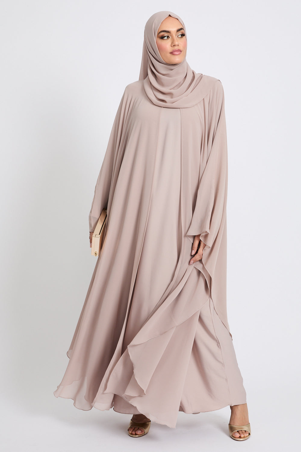 Closed Butterfly Cut Overlay Abaya – Dirty Beige