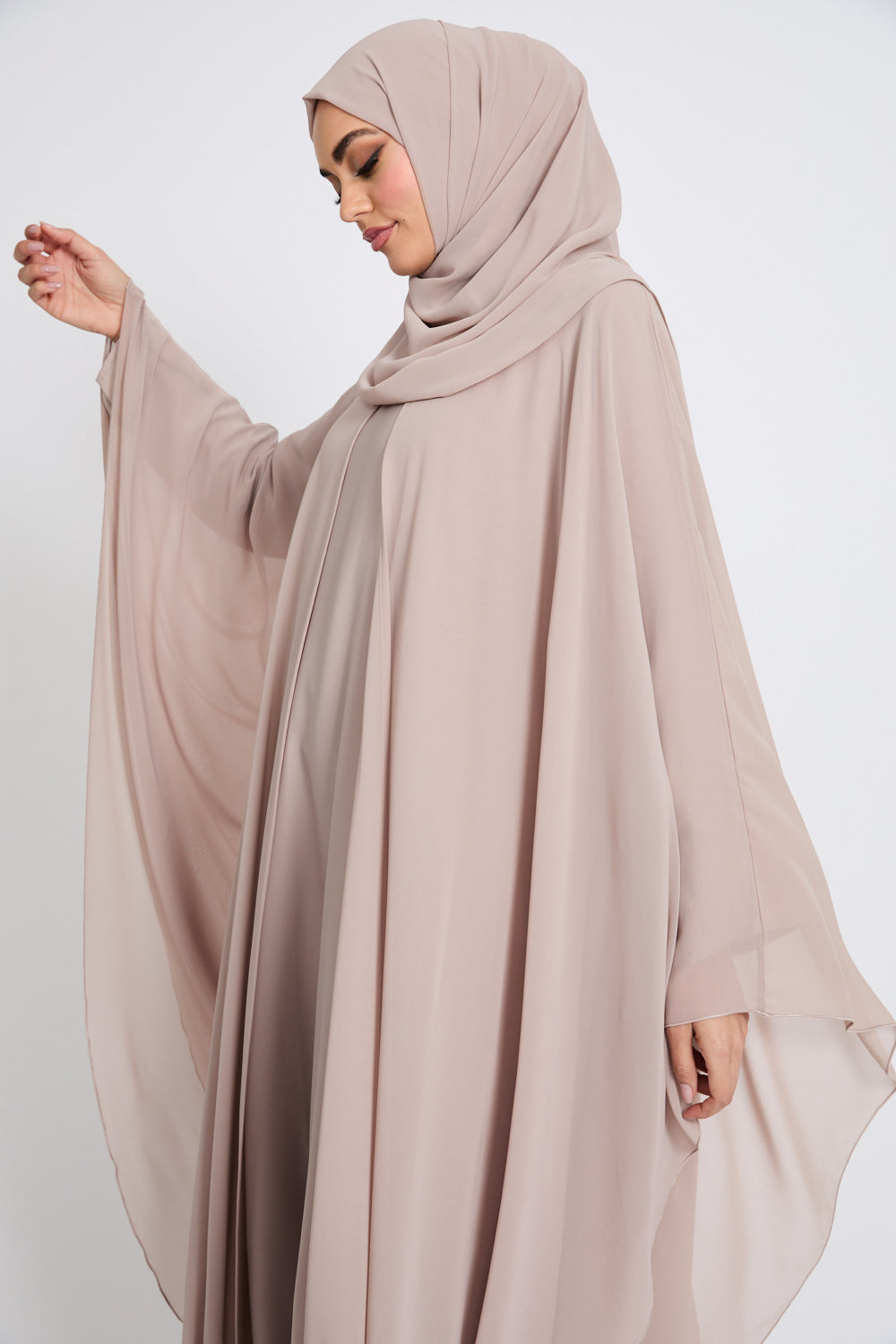 Closed Butterfly Cut Overlay Abaya – Dirty Beige