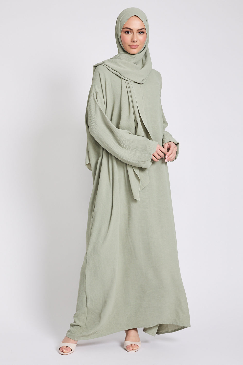 Closed Front Zip Abaya with Hijab – Pistachio Green
