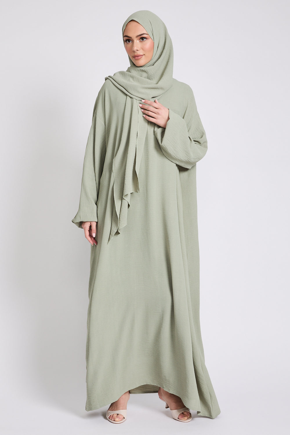 Closed Front Zip Abaya with Hijab – Pistachio Green