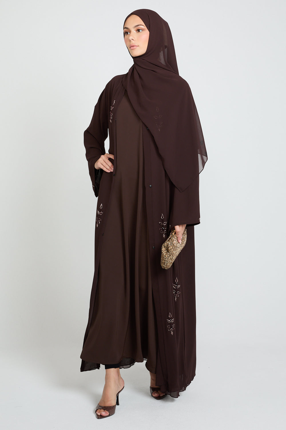 Embellished Chiffon Open Abaya in Dusky Brown