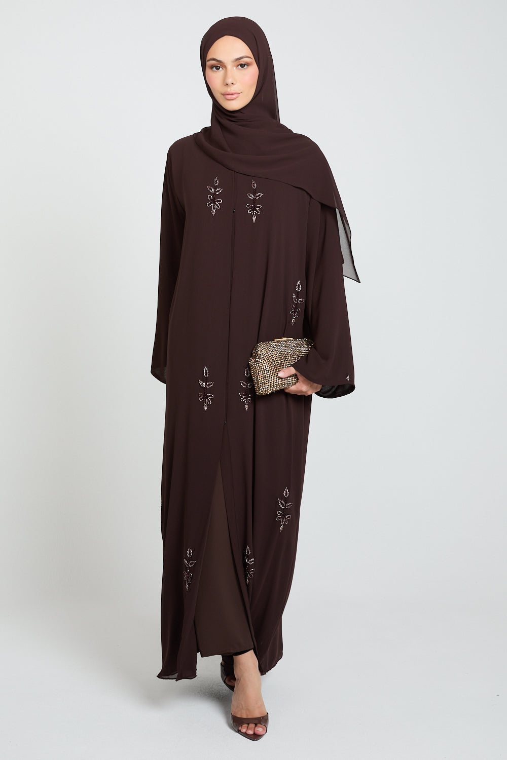 Embellished Chiffon Open Abaya in Dusky Brown