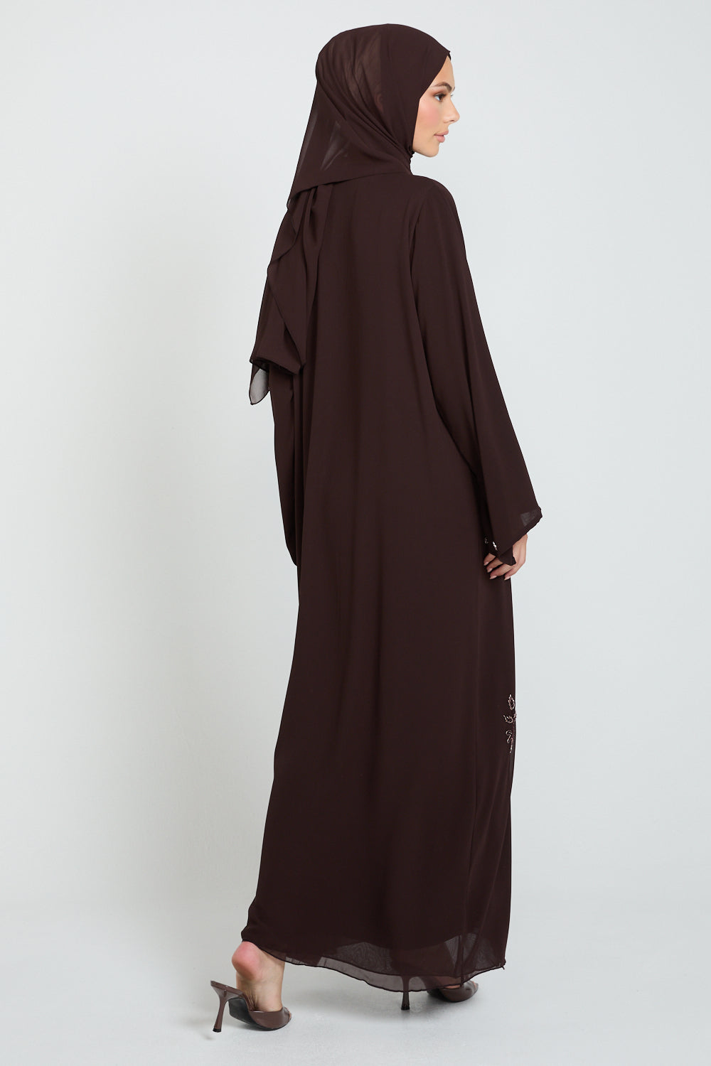 Embellished Chiffon Open Abaya in Dusky Brown