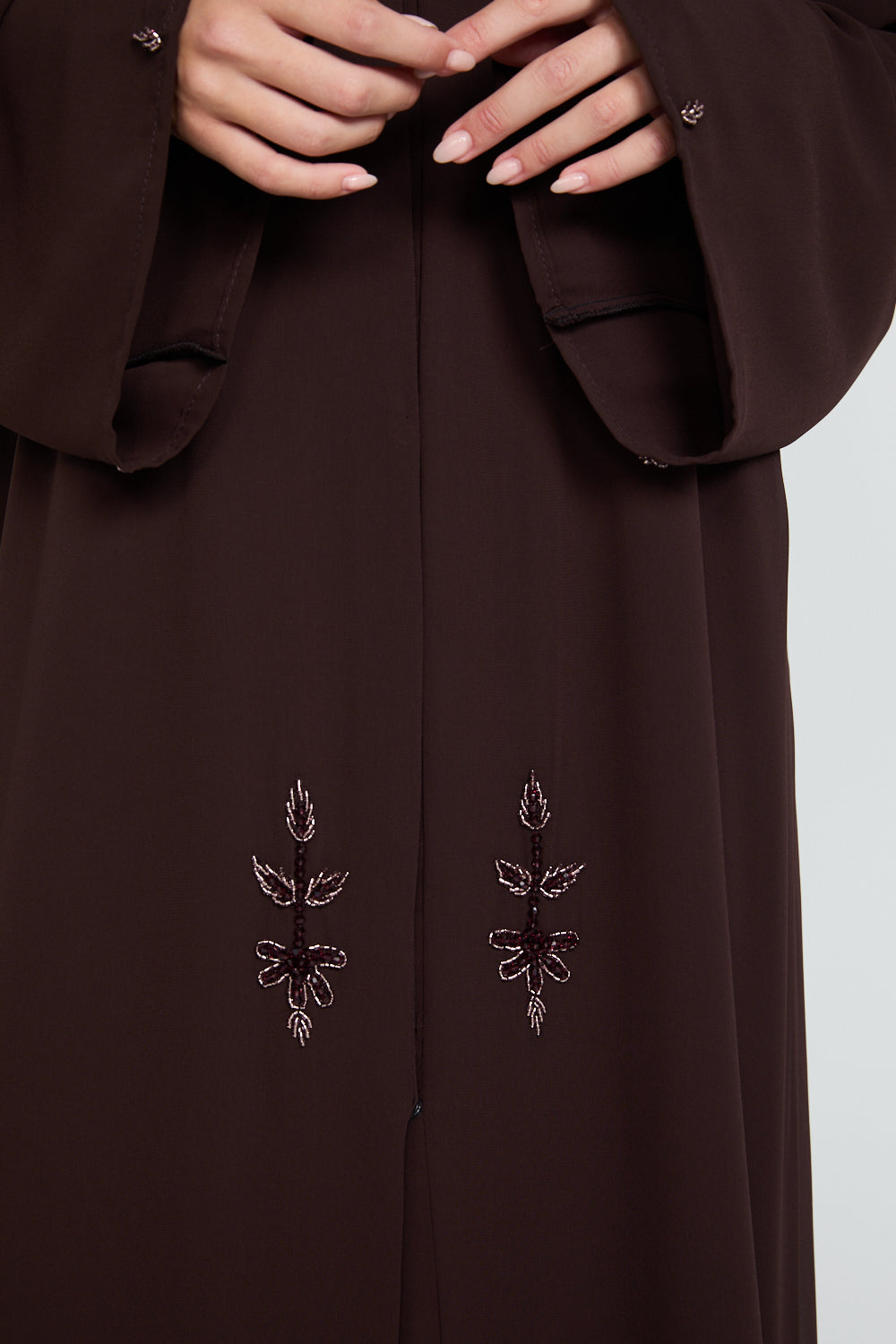 Embellished Chiffon Open Abaya in Dusky Brown
