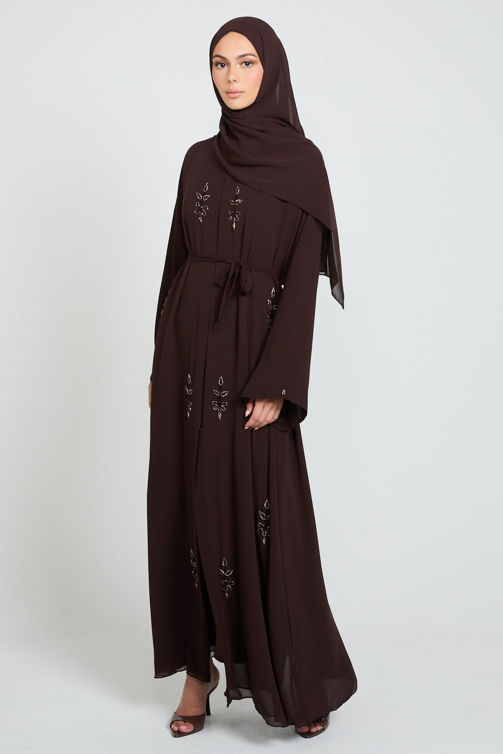 Embellished Chiffon Open Abaya in Dusky Brown