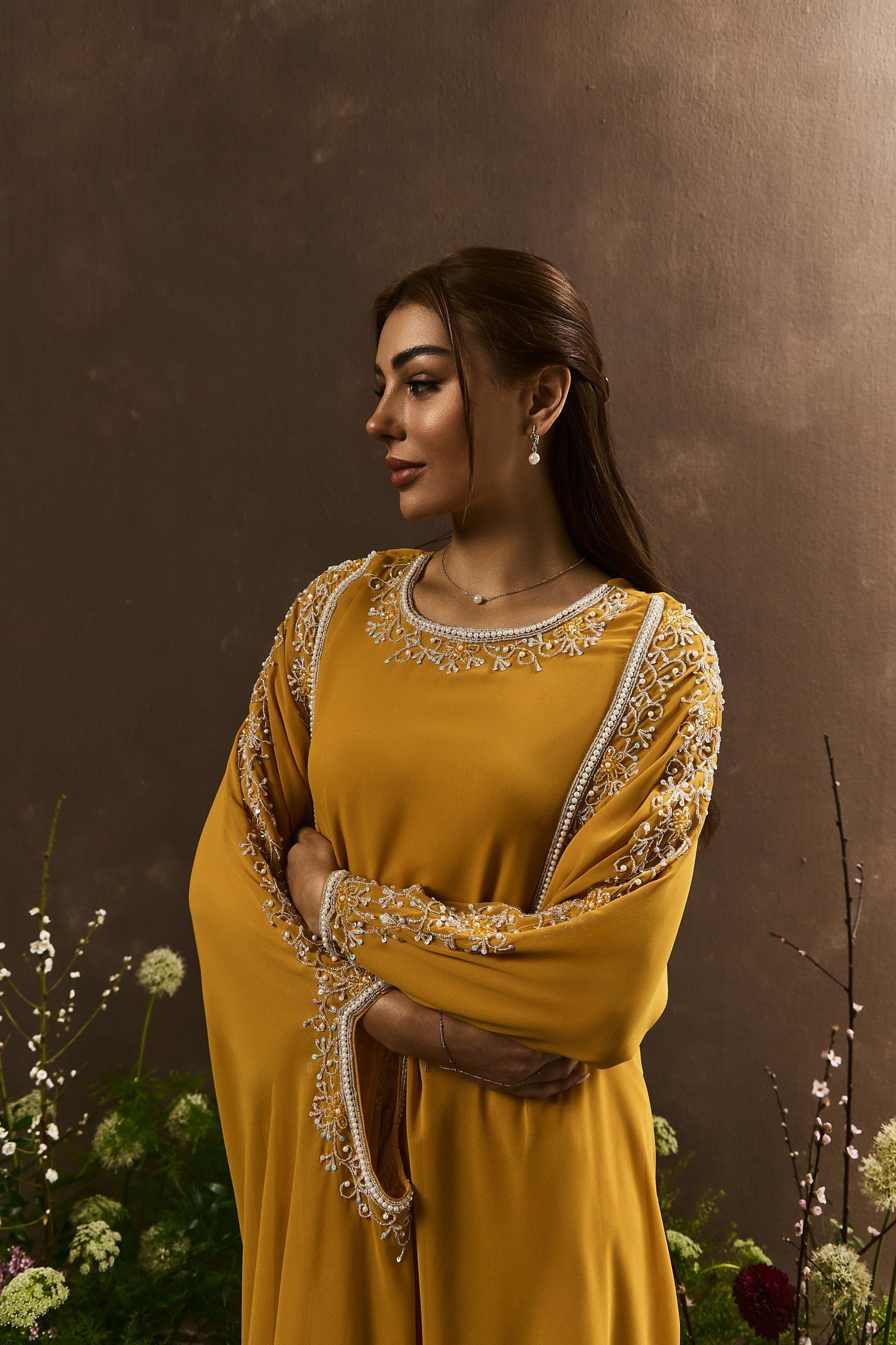 Mustard Yellow Handworked Abaya