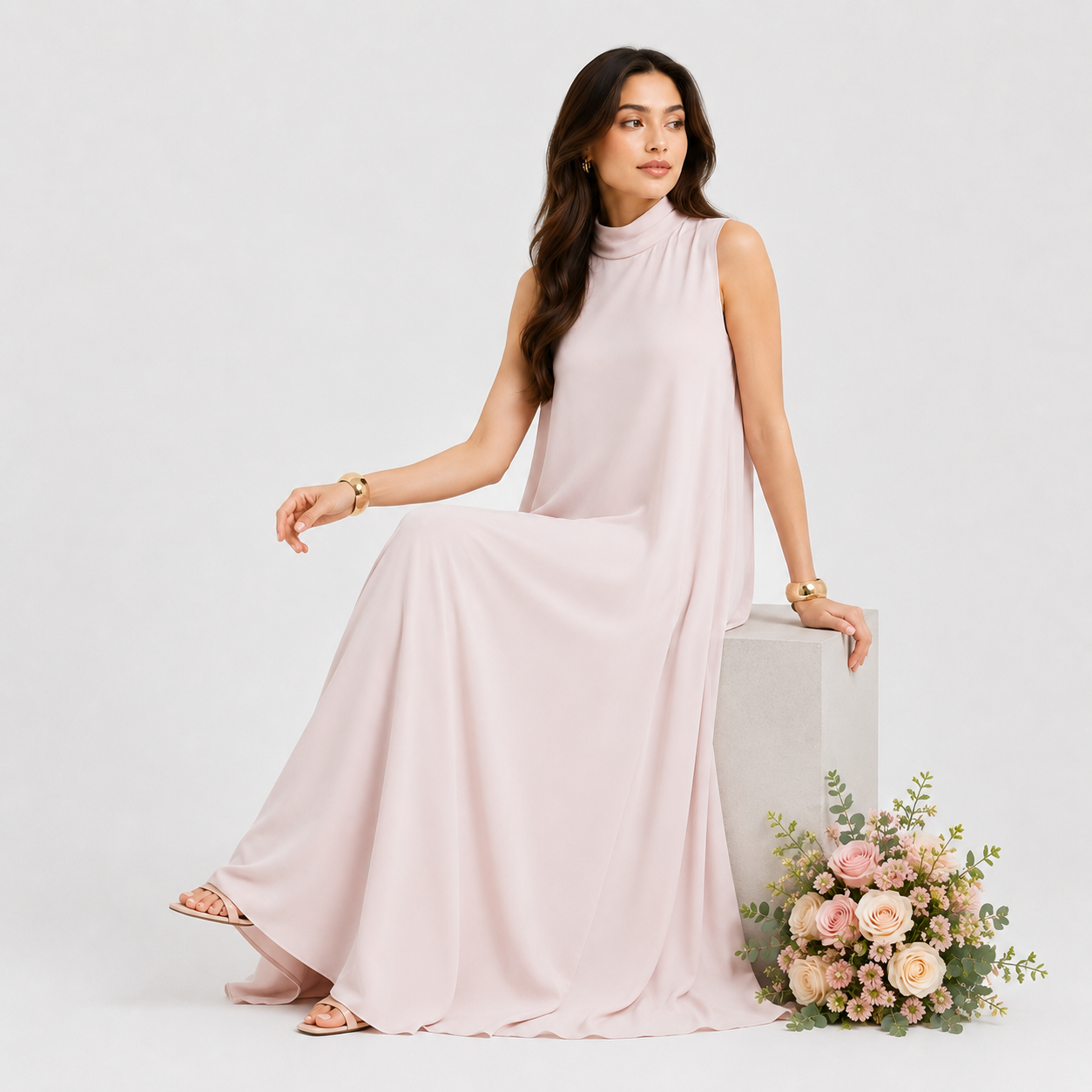 Woman wearing a light pink sleeveless dress holding a black clutch against a white background