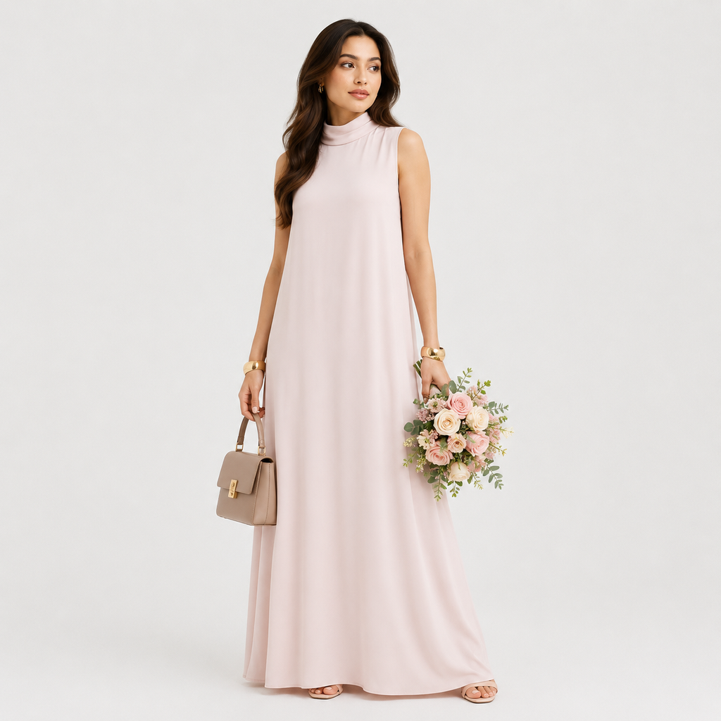Woman wearing a light pink sleeveless dress holding a black clutch against a white background