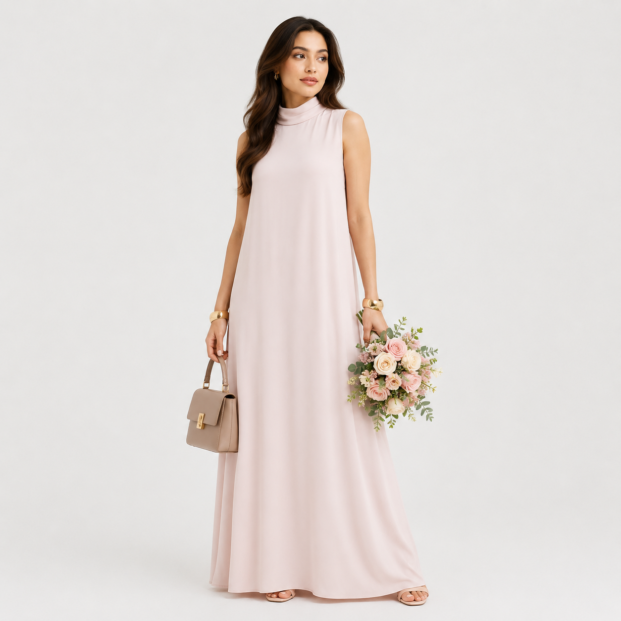 Woman wearing a light pink sleeveless dress holding a black clutch against a white background