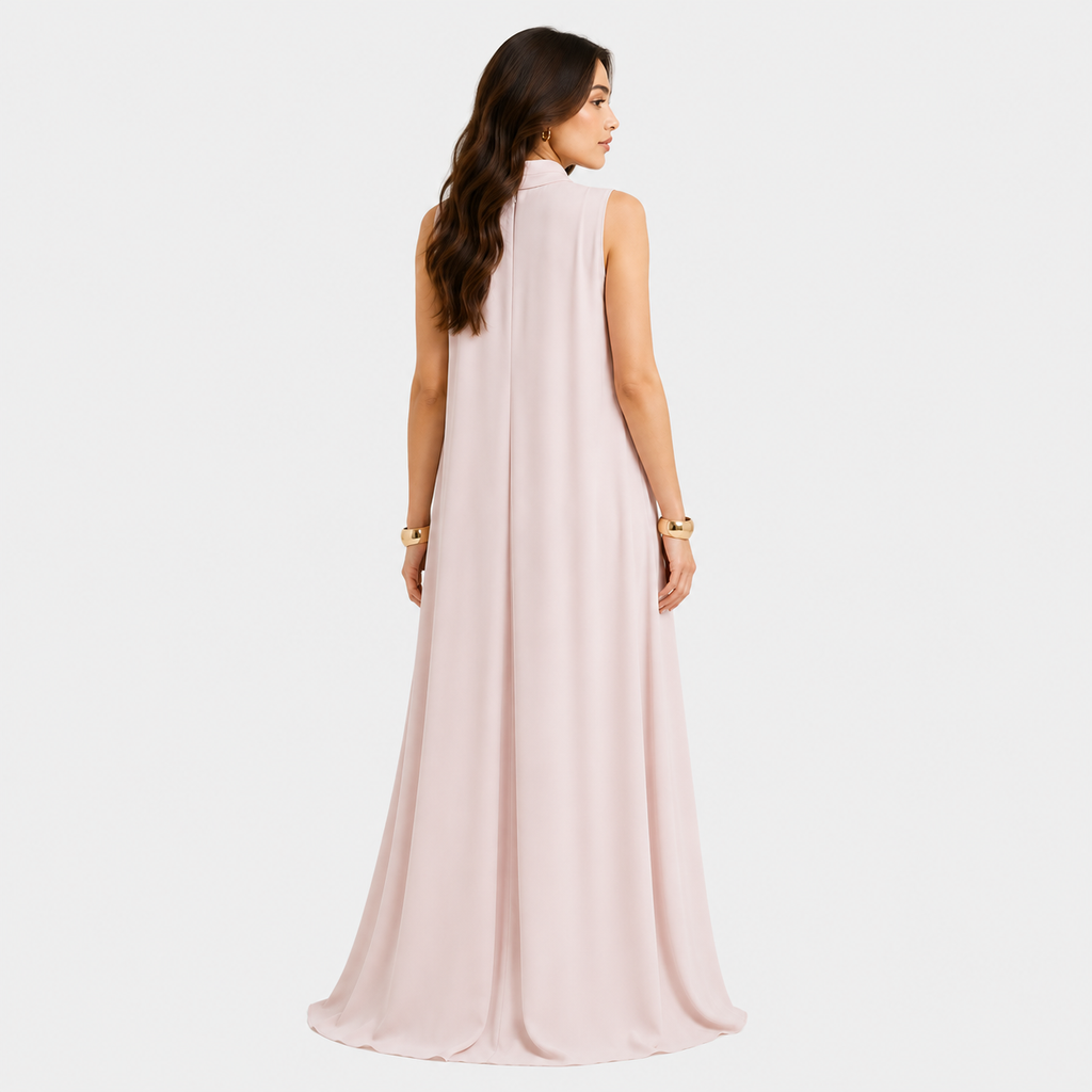Woman wearing a long light pink dress on a white background