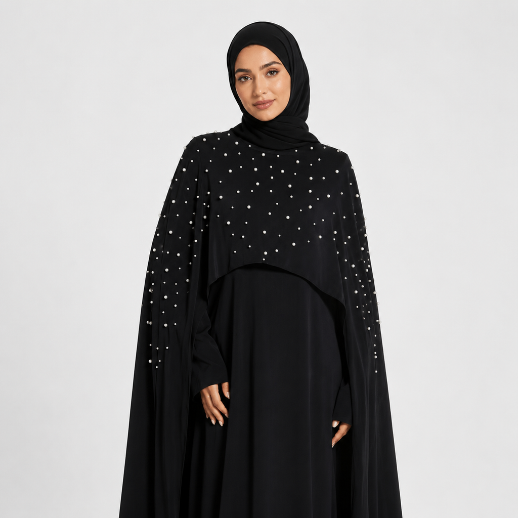 Woman wearing a black abaya with silver embellishments on a white background