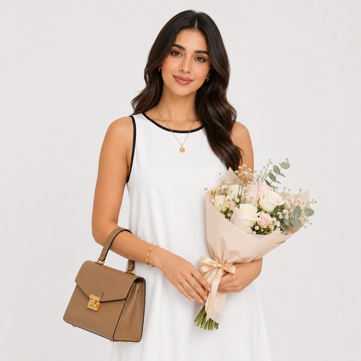 Woman wearing a white sleeveless dress holding a black and beige handbag on a plain background