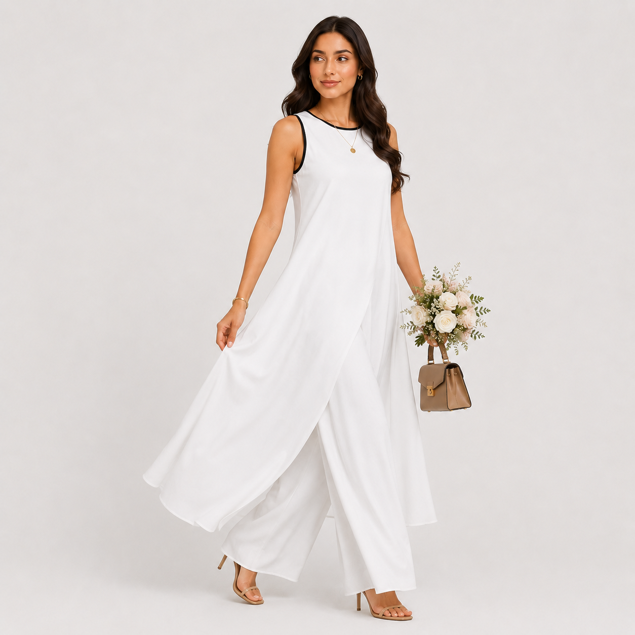 Woman in a white dress holding a bouquet of flowers against a plain background