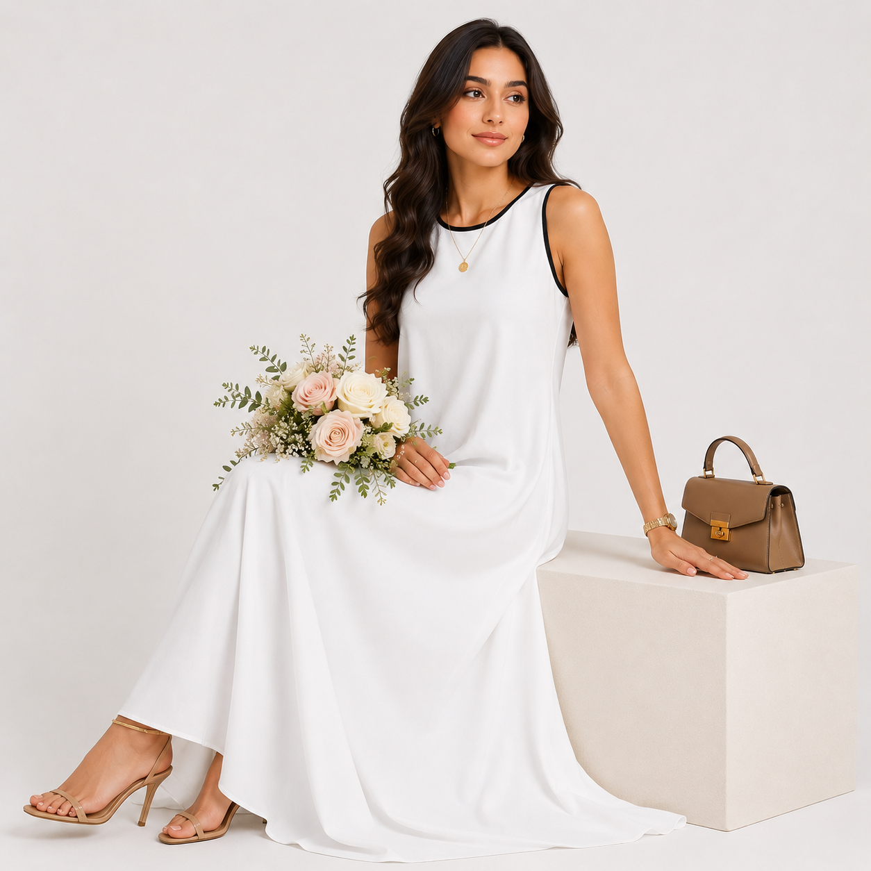 Woman in a white dress holding flowers and a brown handbag on a white background