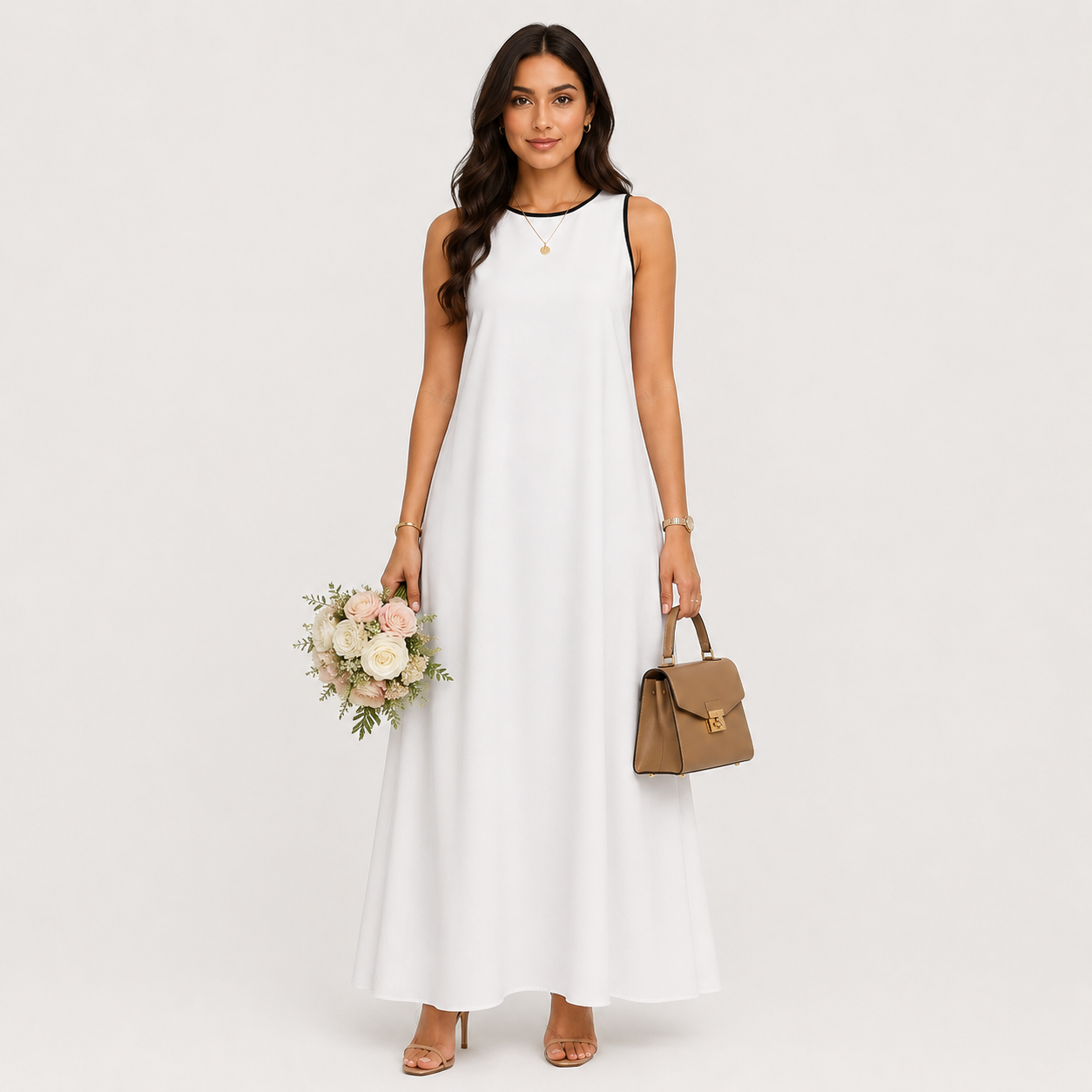 Woman in a white dress holding flowers and a brown handbag on a white background