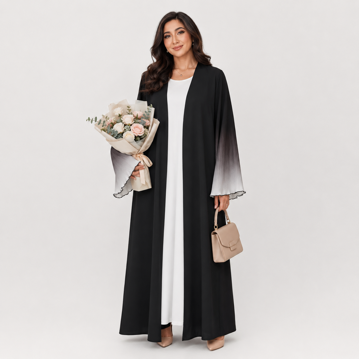 Elegant Flare Sleeve Open Front Arabian Style Maxi Abaya