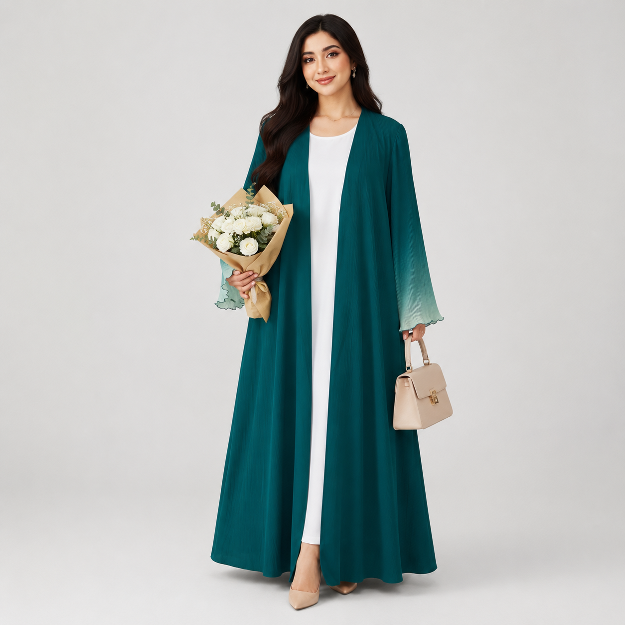 Elegant Flare Sleeve Open Front Arabian Style Maxi Abaya