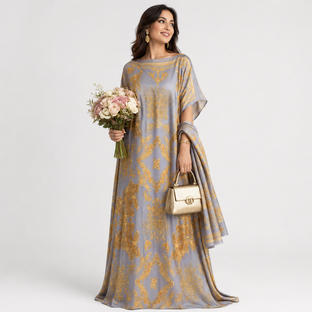 Luxury Soft Printed Short Sleeve Maxi Abaya