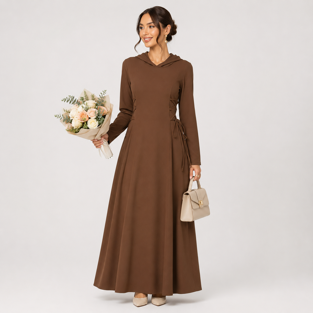 Coffee Embroidered Stand Collar Modest Abaya